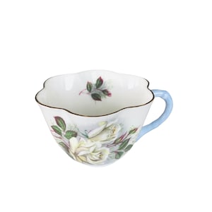Collectible vintage Shelley cup orphan bone china white rose cup with blue handle and gold rim , replacement Shelley cup.