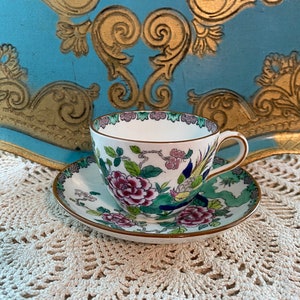 Rare antique handpainted English crown Staffordshire tea cup and saucer with bird, flowers and scenery, oriental style cup