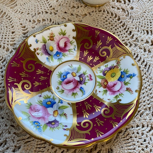 Stunning Handpainted foley burgundy red and heavy gold tea cup and saucer with pink shops roses, cabinet tea cup gift for her