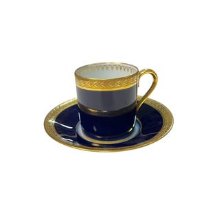 Vintage Limoges France cobalt blue with heavy gold edge demitasse small coffee cup and saucer, European porcelain, gift for her