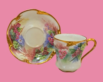 Limoges France D & C ( 1894-1900 ) hand painted Tea / Coffee Cup and Saucer with gold gilt and signed by artist.