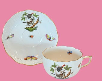 Herend Hongarije handgeschilderde Rothschild vogel thee kop en schotel set, nieuwstaat.