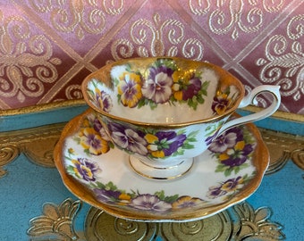 Vintage Royal Albert Avon Tea Cup and Saucer: Gold Purple Pansy Design