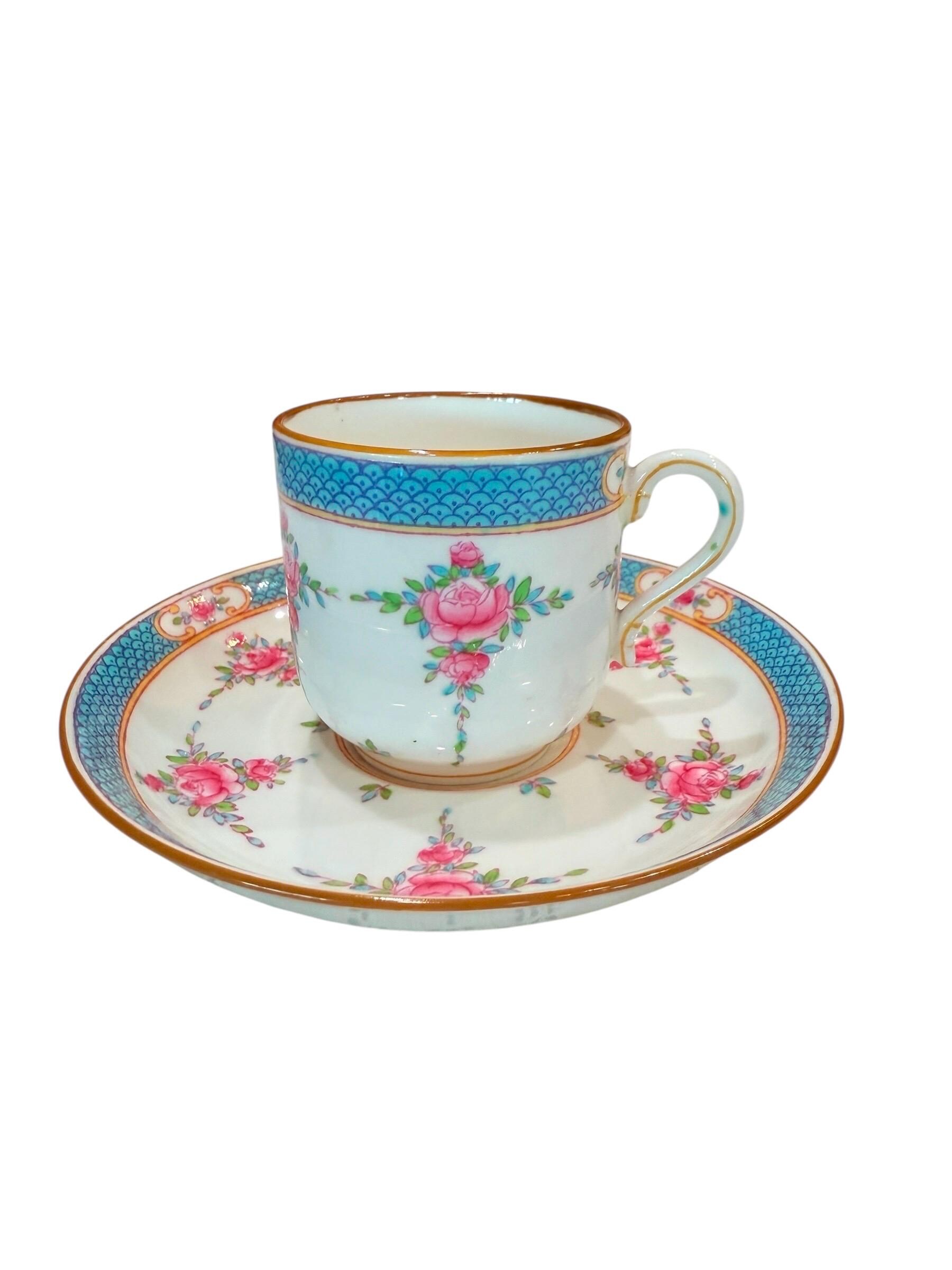 Antique 1912 hand painted Minton Persian rose demitasse cup and saucer set turquoise blue with pink roses England, Collectible.