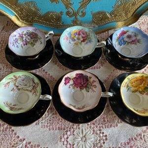 Rare complete set of royal Albert milady series black Avon shaped tea cups and saucers, set of six, red yellow rose, collectible