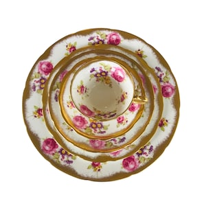 Price for each setting -Stunning vintage Foley dinner set 5 pieces bone china England with pink rose and heavy gold edge, 2 sets available.