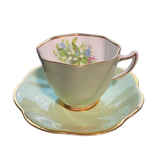Vintage English Clare green tea cup and saucer with Lily of the valley, unique floral shape, May flower gift for her