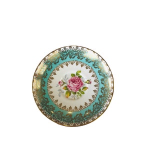 Vintage replacement Royal Stafford saucer orphan bone china England turquoise with central pink rose, replacement Royal Stafford saucer.