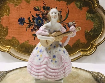 Herend Hungary Porcelain Hand Painted Figurine Lady in Pink Dress Playing Guitar. Number 5796. Rare Gorgeous Gift For Her.