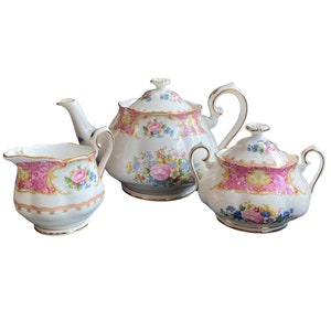 Royal Albert lady Carlyle tea set with teapot, sugar bowl and cream, NOT made in England, gift for her