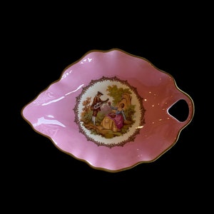 Vintage French Limoges Castle Love story Fragonard courting couple leaf shaped purple or pink serving dish, made in france, gift for her