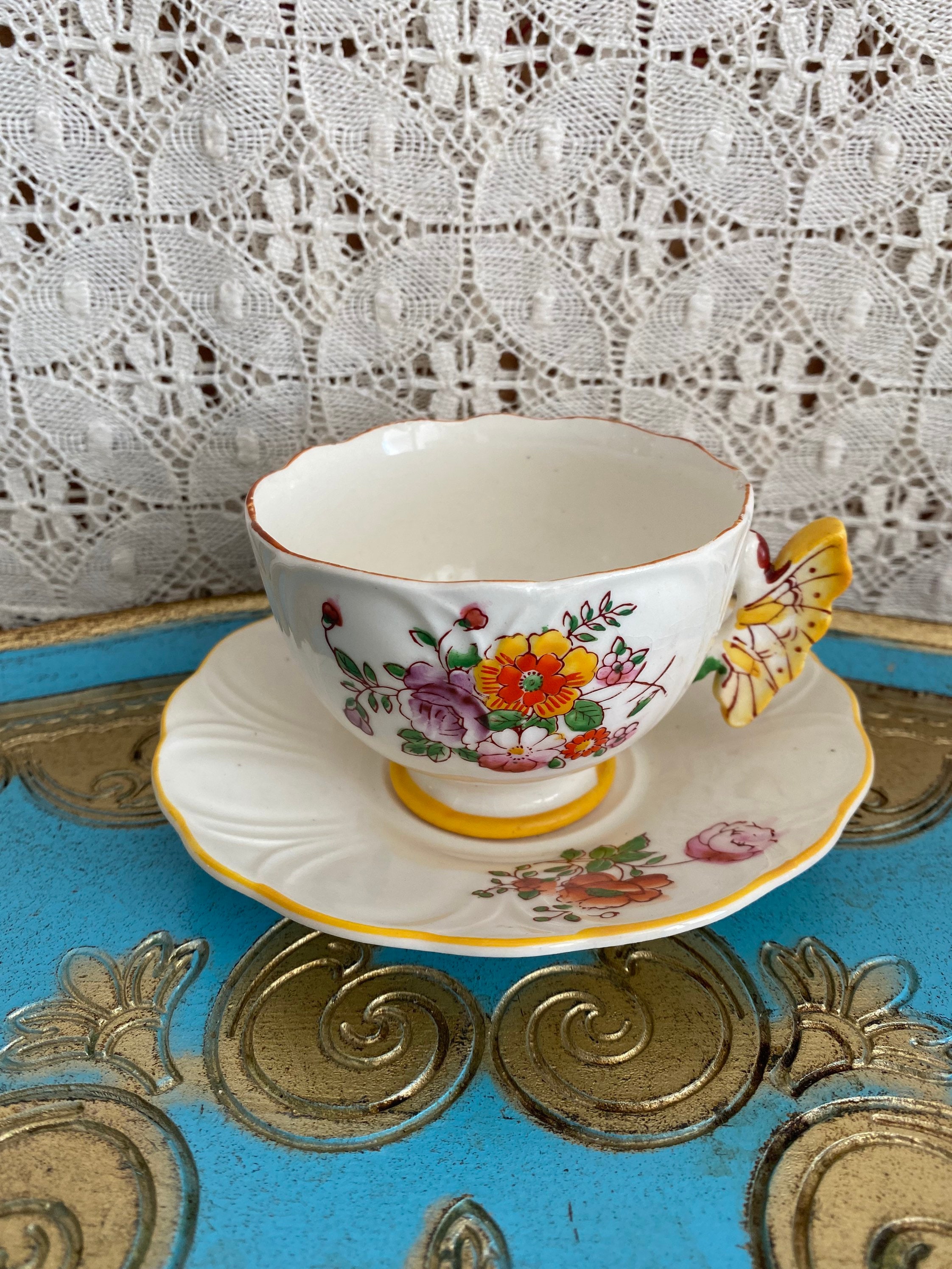 As is Vintage Made in Japan Handpainted Butterfly Handle Tea As is Vintage Made in Japan Handpainted Butterfly Handle Tea