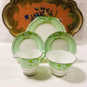 5 Servierstücke von Paragon Art Deco Antique Handgemalt Grün Fine China England, Sahne Zucker Kuchenplatte, Nachmittagstee, Paragon