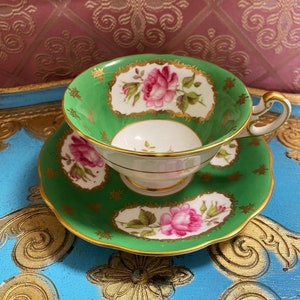 Rare foley green tea cup and saucer with large pink roses, unique tea set gift, wedding gift, English bone china