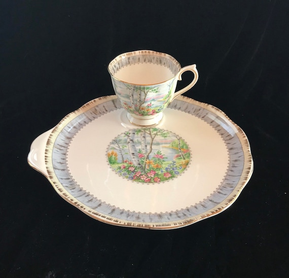 Beautiful Royal Albert silver birch tennis set, cake plate snack set silver birch, silver Royal Albert tea set gift