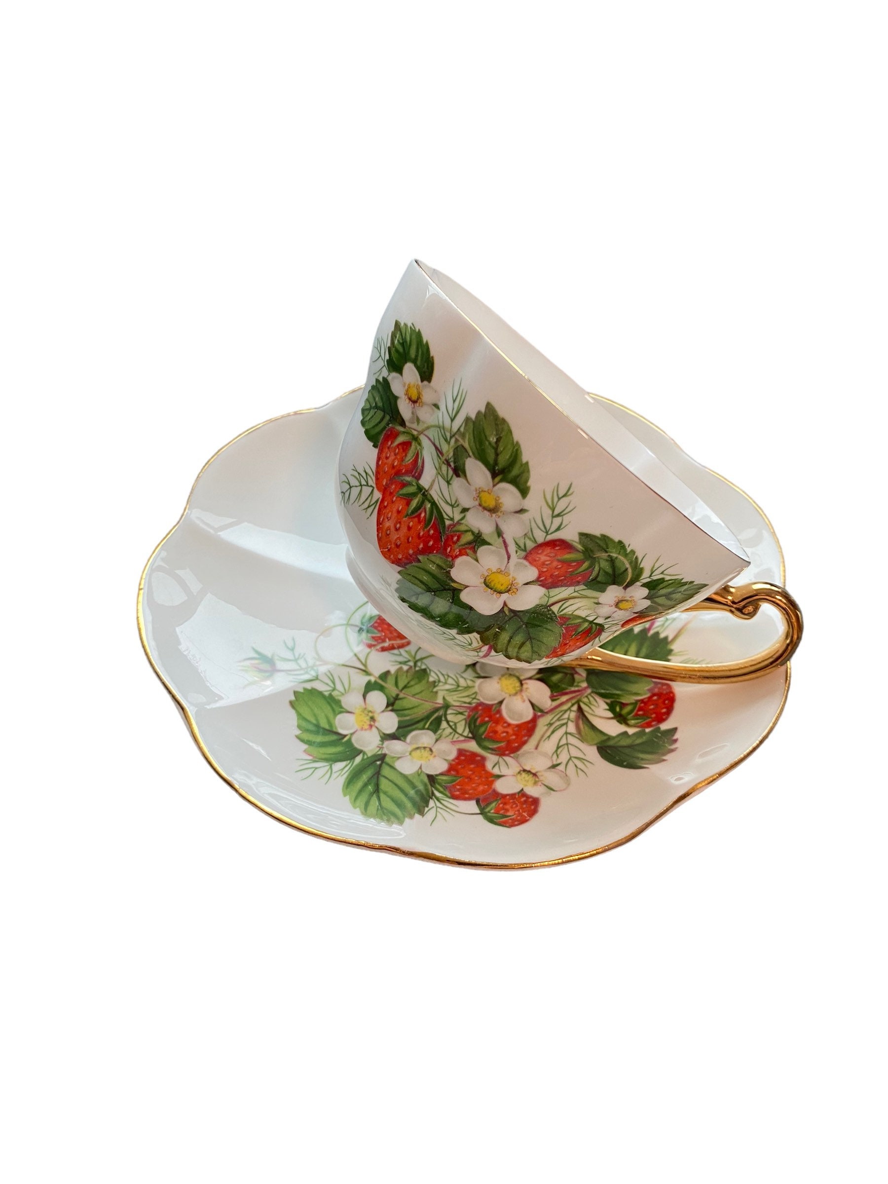 Rare vintage Shelley strawberry tea cup and saucer, collectible English bone china, gift for her, Shelley collectible
