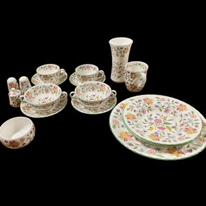 Sold Individually - Vintage Minton Haddon Hall Bone china England cup saucer, soup bowl, dinner, serving pieces, salt pepper, vase, mug