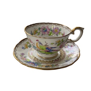 Vintage Crown Staffordshire Handpainted bird tea cup and saucer, collectible English bone china, gift for her
