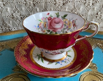 Vintage red and gold paragon tea cup and saucer with pink roses, English collectible bone china