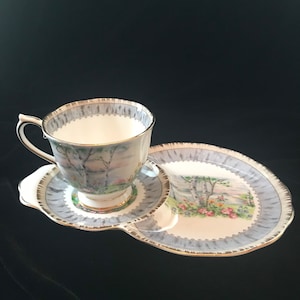 Pu&ograve; includere: Un set da t&egrave; bianco con una delicata fantasia floreale che presenta un design di betulla. La tazza e il piattino hanno un bordo dorato.