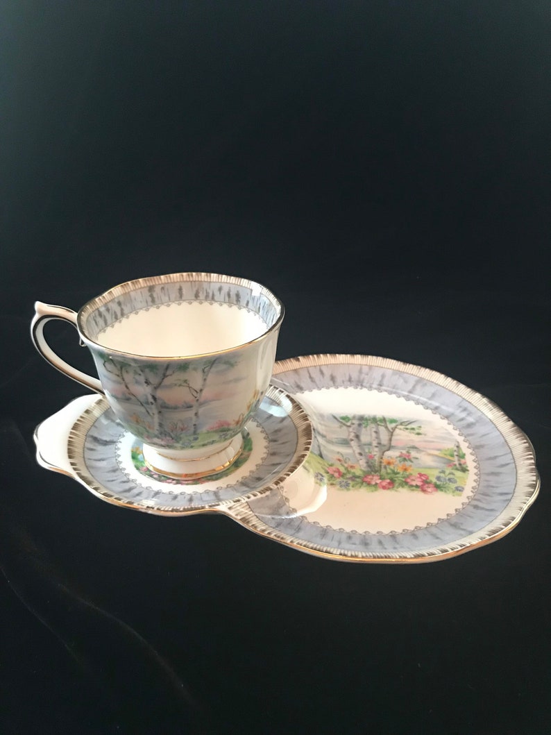 Pu&ograve; includere: Un set da t&egrave; bianco con una delicata fantasia floreale che presenta un design di betulla. La tazza e il piattino hanno un bordo dorato.