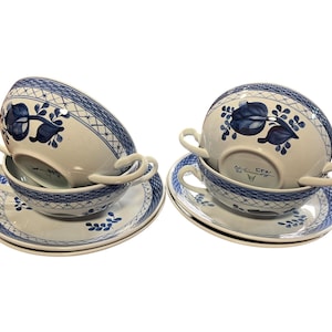 Royal Copenhagen Tranquebar set of four Blue double handled soup bowl, vintage Royal Copenhagen/Aluminia Danish, serving dish