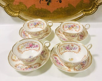 Antique HandPainted Set of four Tea cups and Saucers. Rare and Collectible Gift, afternoon tea, pink tea cups, gift for her, wedding shower