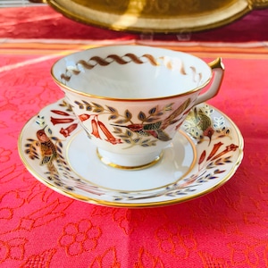 Classic Royal Crown Derby tea cup and saucer with handpainted bird, classic English bone china, famous high end porcelain gift