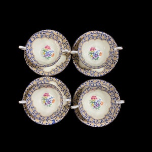 Set of four aynsley blue border pink floral double handled soup bowl with sauces, English serving pieces