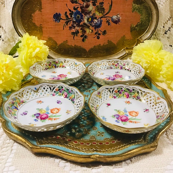 Beautiful Four pieces of Vintage Schumann Bavaria Germany Reticulated Round Pierced Bowls 7.5” Floral Design and Gold Trim. Gorgeous Gift.