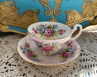 Vintage foley pink rose pink tulip shaped tea cup and saucer