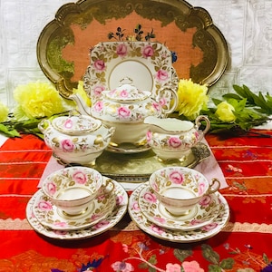As is 13- PC vintage Foley pink roses tea set bone china England,  tea pot with two trios, creamer and sugar bowl, pink rose.