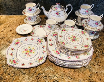 Vintage Royal Albert Petit Point dinner service individually, tea pot, tea cup and saucer, side plate, dinner plate, english tea set