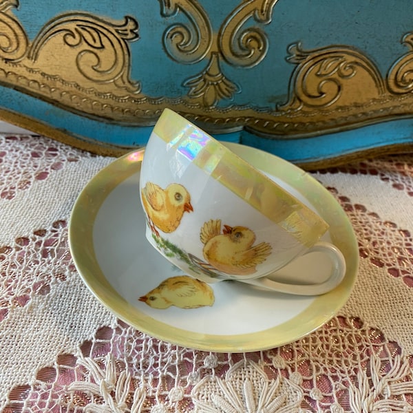 As is cute unique vintage Union T Czechslovakia tea cup and saucer with chicken pattern, cute European china, gift for her