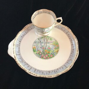 Pu&ograve; includere: Un set vintage di tazza e piattino da t&egrave;. La tazza &egrave; posizionata su un piattino abbinato con un bordo azzurro e dorato. Il centro del piattino presenta un'illustrazione paesaggistica di un lago con betulle e fiori colorati. Il set &egrave; in porcellana.