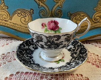 Rare royal Albert senorita tea cup and saucer, black lace and red rose tea cup