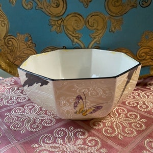 Rare antique Shelley iridescent large sugar bowl with butterfly sunset scene and black edge, Shelley collector serving piece