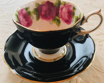 Beautiful pink old English rose black Royal Albert tea cup and saucer, collectible English bone china, gift for her