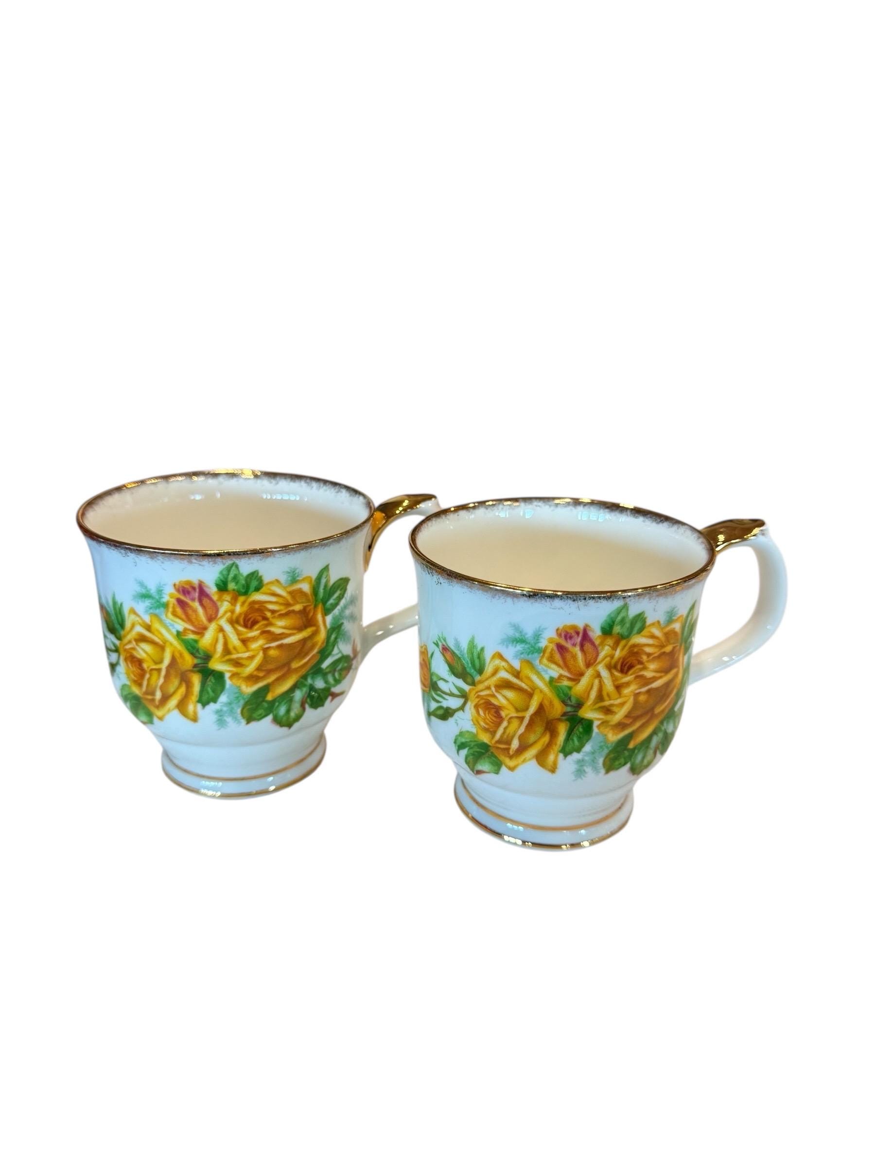 A pair of Royal Albert Tea Rose yellow roses mugs bone china England, beautiful Royal Albert yellow rose mug gift.
