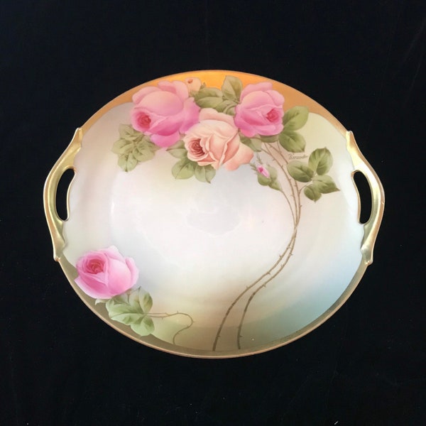 Gorgeous artist signed, heavy gold edged and hand painted Royal Munich Bavaria Germany plate with large pink rose, serving cake plate