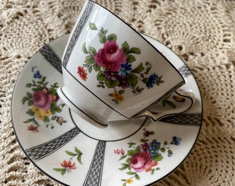 Vintage crown Staffordshire black stripe tea cup and saucer with pink roses, English bone china collectible