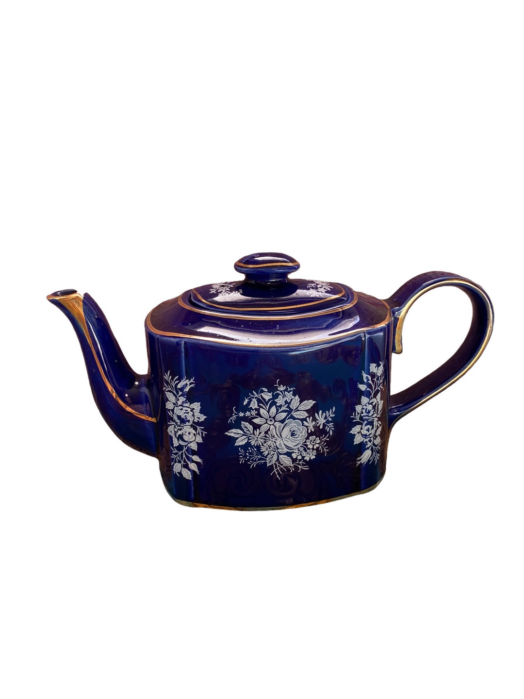 Vintage Arthur Wood Haddon Cobalt Blue Tea Pot With White Roses Pattern