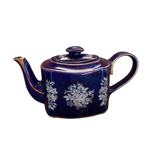 Vintage Arthur Wood Haddon cobalt blue tea pot with white roses pattern, gift for her, collectible English teapot