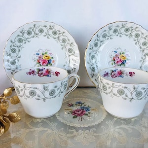 Elegant royal crown derby Handpainted floral tea cup and saucer with gray details, classic English bone china, teacup gift for her