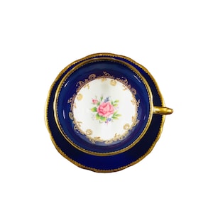Stunning Vintage Aynsley Cobalt blue with pink rose tea cup and saucer, bone china England, mint condition. Gorgeous tea set gift for her.
