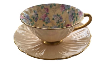 Rare Shelley oleander shape summer glory tea cup and saucer with peach colour exterior, Shelley bone china collector
