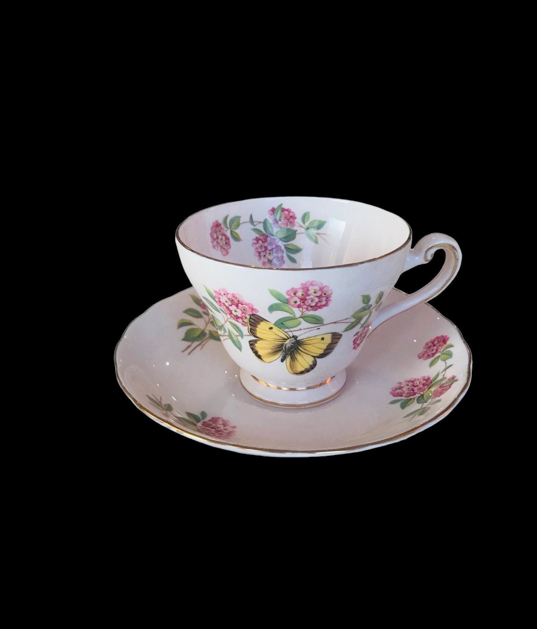 Vintage Tuscan “June Glory“ bone china England pink butterfly and flowers tea cup and saucer, beautiful vintage pink butterfly tea set.