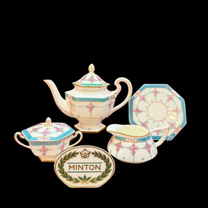 Antique Minton Dinnerware tea Set (6 pieces) : Hand-Painted Persian Rose, Turquoise Blue teapot trivet cream sugar