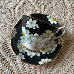 Rare Handpainted royal Albert black tea cup and saucer with white dogwood flowers