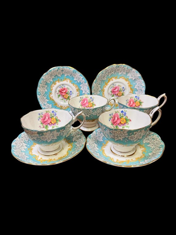 Vintage Set of Four Royal Albert Enchantment Blue Tea Cups and 